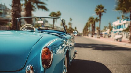 Exploring the coast in a dazzling blue convertible as palm trees sway under the bright sun along a scenic beach road