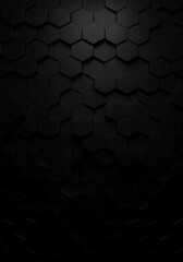 Abstract dark hexagonal pattern, textured surface, 3D rendering, geometric design, shadowed background.