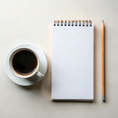 Blank spiral notebook with coffee cup and pencil on a light beige surface