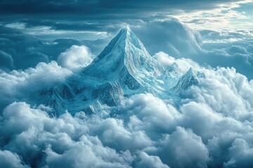 A majestic snow-capped mountain peak pierces through a sea of clouds, a breathtaking view of nature's grandeur.