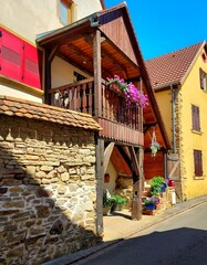 France, Alsace, Great East, facade of a typical house in the village of Westhalten