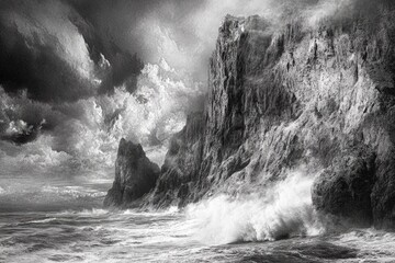 Dramatic black and white coastal scene featuring towering cliffs battered by powerful ocean waves under a stormy sky.