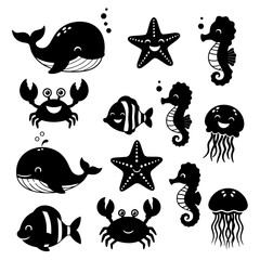 Set of Cute Black Marine Animals Icons Isolated on White, 
Happy Ocean Creatures Collection: Playful Sea Life Illustrations, Underwater Animals: Whale, Starfish, Seahorse, Crab, Fish, Jellyfish.