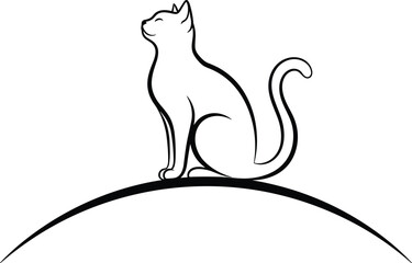 Cat silhouette on hill, peaceful pose vector, black and white minimalist design, elegant pet artwork, nature-inspired scene, animal illustration