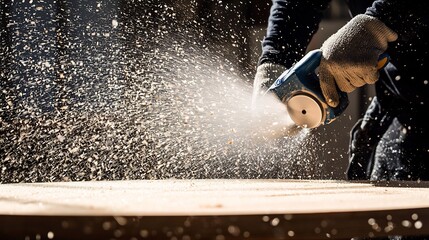 Carpenter's Power Planer in Action: Wood Shavings Explosion, Dramatic Lighting
