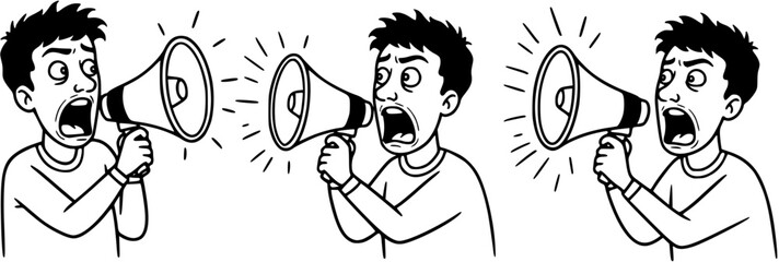 Three vector cartoons of a man screaming using a horn megaphone. black and white
