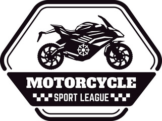 Obraz premium Stylish black and white logo representing a motorcycle sport league, featuring a sleek racing motorcycle in profile view, enclosed within a striking hexagonal frame