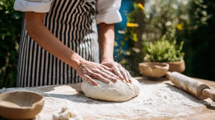 Fototapeta premium Hands kneading dough on a wooden table outdoors.