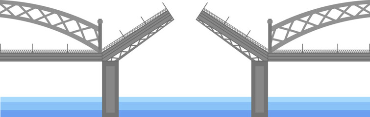 Double bascule bridge featuring a metal arch and sturdy concrete pillars, opening and closing over water, facilitating the passage of boats and ships for efficient navigation