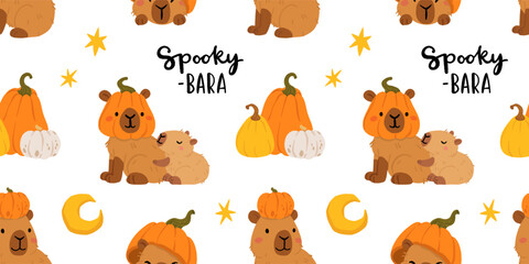 Cute Halloween capybara seamless pattern, spooky cartoon capybaras dressed as mummy, ghost, witch, pumpkin, with gravestone, candles, broom, toilet paper and pumpkins, kawaii animal vector background