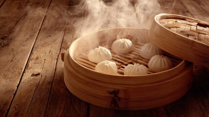 Steamed dumplings in a traditional bamboo steamer.