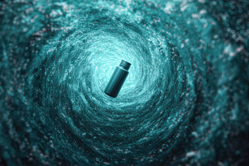 A plastic bottle floats in a swirling underwater vortex, highlighting marine pollution and the impact of plastic waste on ocean ecosystems.