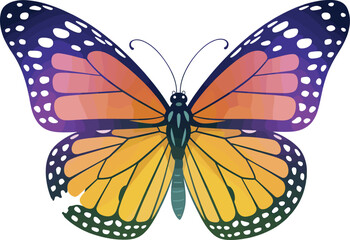 Colorful monarch butterfly flat vector illustration, gradient wings with vibrant hues, isolated on white background, cad drawing for design use