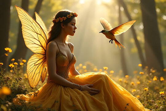 A beautiful fairy with golden wings sits in a sunlit forest meadow, gazing at a bird in flight, creating a magical and ethereal scene