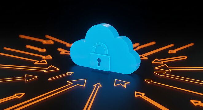 Cloud Data Security: A digital illustration of a luminous blue cloud symbol, centered amidst converging arrows, embodies the concept of secure cloud computing.