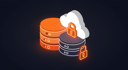 Secure Data Storage: An eye-level digital illustration of secure cloud storage, featuring cloud with a padlock, data server, and padlock. Representing digital data protection.