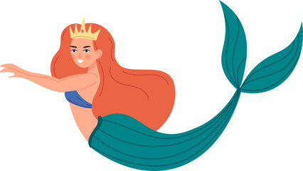 Captivating mermaid princess with flowing red hair and a shimmering golden crown, gracefully swimming through an enchanting underwater world in vibrant vector illustration