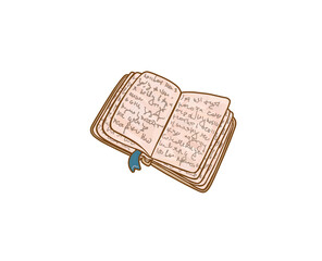 Open book with text on pages illustration. Book clipart without background. Isolated reading sticker