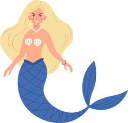 Smiling fairytale mermaid with a shimmering blue fishtail, seashell bra, and elegant pearl necklace swimming gracefully underwater, capturing the magic of mythical sea creatures