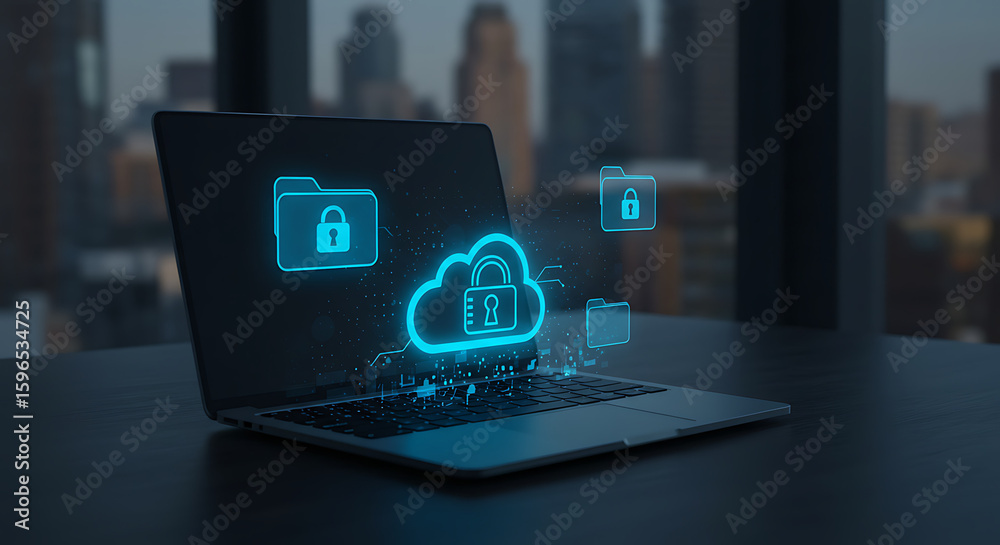 Poster data security and cloud computing: a laptop displaying illuminated data protection, with files and c