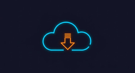 Obraz premium Cloud Downloading Icon: A vibrant neon-style icon of a cloud with a downward arrow, symbolizing the process of downloading data or information from a cloud-based server.