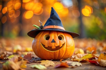 A carved pumpkin with a witch hat and a spooky face sits among autumn leaves