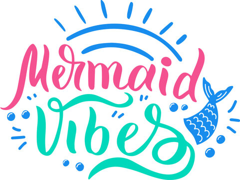 Colorful lettering featuring mermaid vibes, adorned with a whimsical tail and playful bubbles, celebrating enchanting sea mythology, ideal for summer and fantasy themed designs