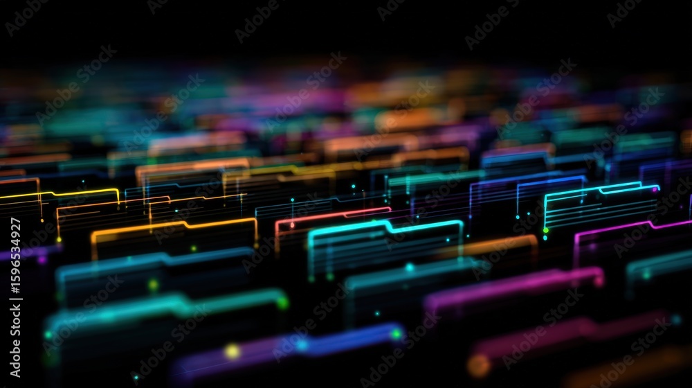 Poster abstract network grid with files and folders, futuristic software interface, digital document manage