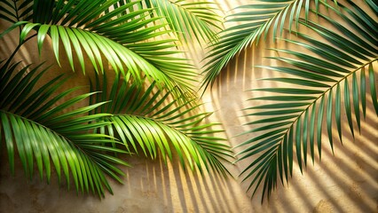 Tropical Palm Fronds Against a Light Beige Wall with Sunlight Shadows