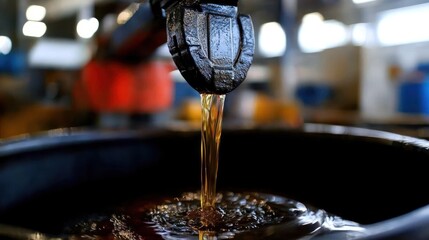 Industrial oil pouring into drum in a factory