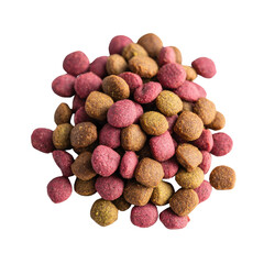 Colorful kibble for pets arranged in a pleasing heap showcasing assorted shapes and textures of dry dog food and cat food