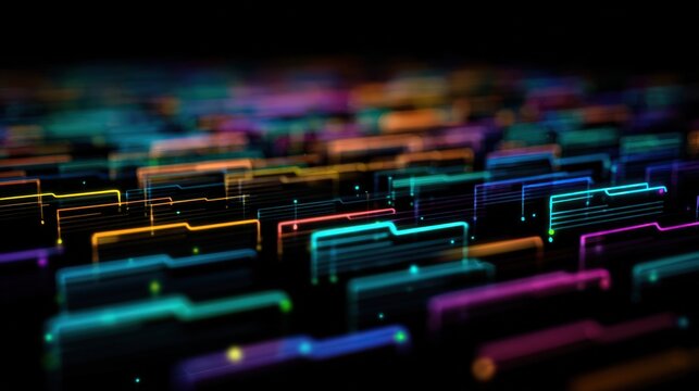 Abstract network grid with files and folders, futuristic software interface, digital document management system, store, search and organize documents, corporate business, paperless office