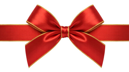 Red Satin Ribbon Bow with Gold Trim on White Background