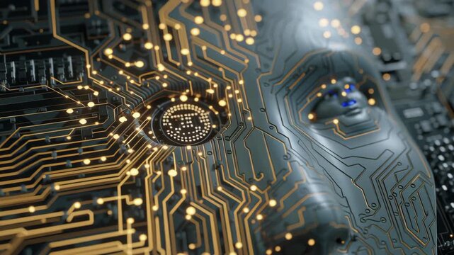 A futuristic AI CPU with a human face integrated into its glowing circuitry, symbolizing the fusion of hardware and consciousness.