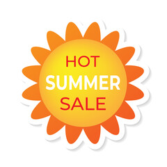 Hot summer sale. Sticker of the summer sale. The sun with the text. An advertising offer. Vector illustration