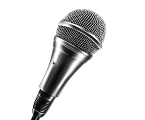 Professional studio microphone, ideal for vocals, podcasts and recordings, in sleek silver metallic design on transparent background