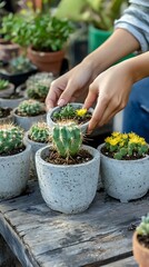 Closeup of Hands Arranging Flowering Cacti and Succulents in Concrete Pots on Wood