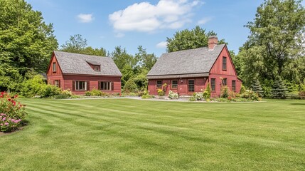 Obraz premium Two charming red houses with gray roofs sit on a manicured lawn, surrounded by lush greenery under a bright blue sky