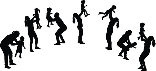 Parents and children silhouette, joyful family bonding moment, playful interaction scene, holding lifting poses, isolated vector illustration, happy lifestyle design