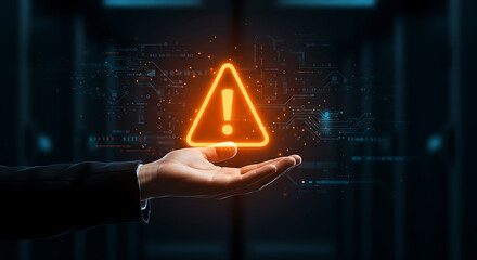 Digital Alert Symbol: A striking digital alert symbol, illuminating with an orange glow, is delicately presented within the open palm of a hand. The scene is set within a darkened server room.