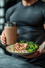 Fit Man Holding a Protein Shake and a Healthy Meal in a Gym Setting