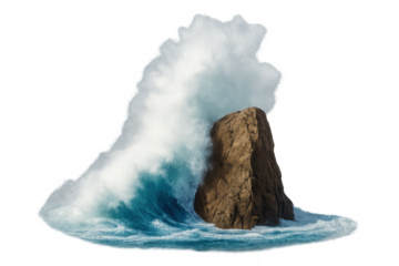 Big ocean wave crashing on a rock, with spray and foam, isolated on transparent background, ideal for compositing