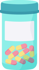 Colorful medical capsules are stored inside a transparent medicine bottle featuring a large blank white label, ideal for adding custom text or branding