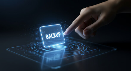 Data Backup: An individual's finger gently presses a glowing BACKUP button, suggesting data protection