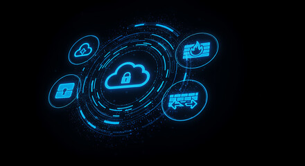 Secured Cloud Computing: An abstract representation of secure cloud computing, featuring a central cloud icon encircled by security symbols, highlighting digital safety and data protection.