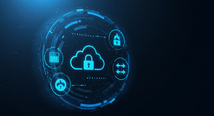 Cloud Computing Security: A digital illustration showcases cloud computing security, where the secure cloud is at the core, encircled by essential elements of cyber protection.