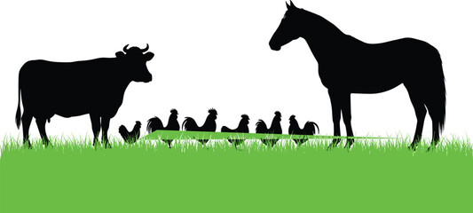 Silhouette of farm animals, cow, horse, rooster, chicken, rural landscape, pasture scene, livestock illustration, countryside view, agricultural design