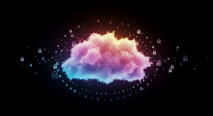 Digital Cloud's Radiant Core: A captivating illustration, where the essence of digital data and security is visualized with a central cloud, surrounded by vibrant.