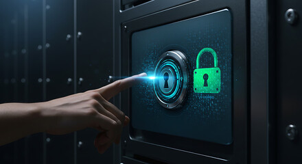 Cybersecurity Lock: A digital lock glows on a safe, highlighting data protection and digital security in a vault room.
