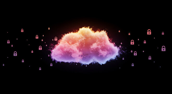 Cloud Security: A vibrant, glowing cloud, adorned with delicate pastel hues, surrounded by symbolic padlocks, a visual representation of data protection in the digital realm.